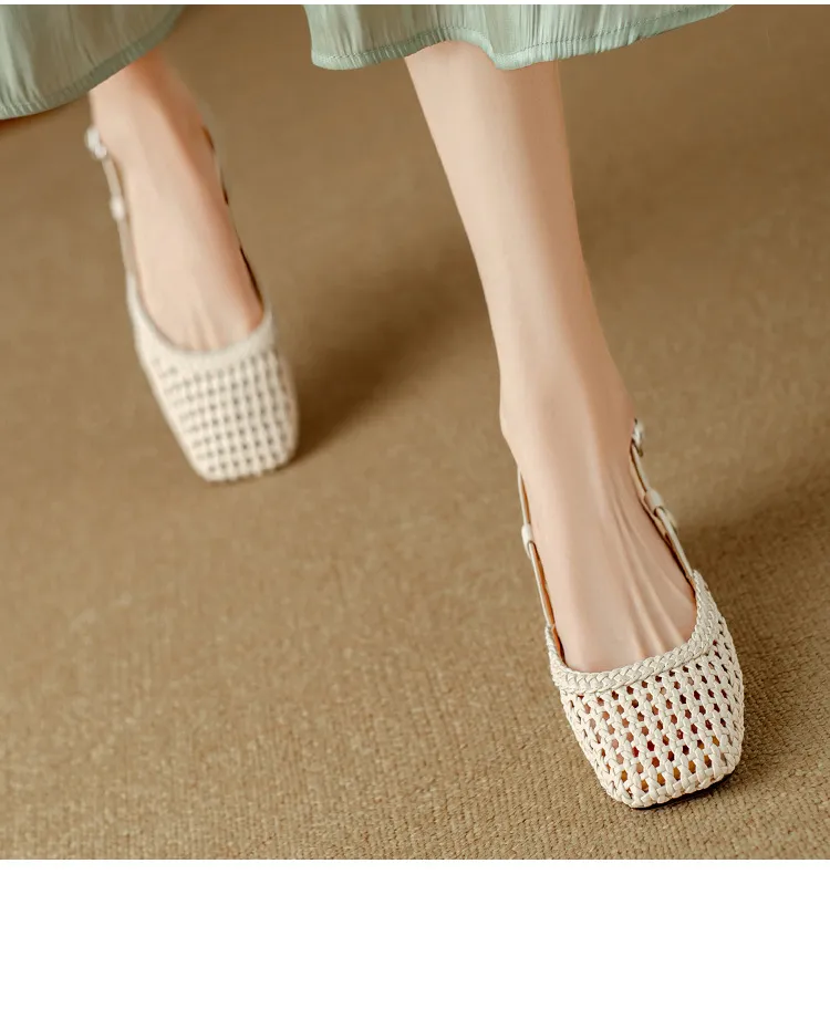 Summer fashionable chunky heel open back woven mesh women's shoes, stylish breathable hollow-out closed toe sandals