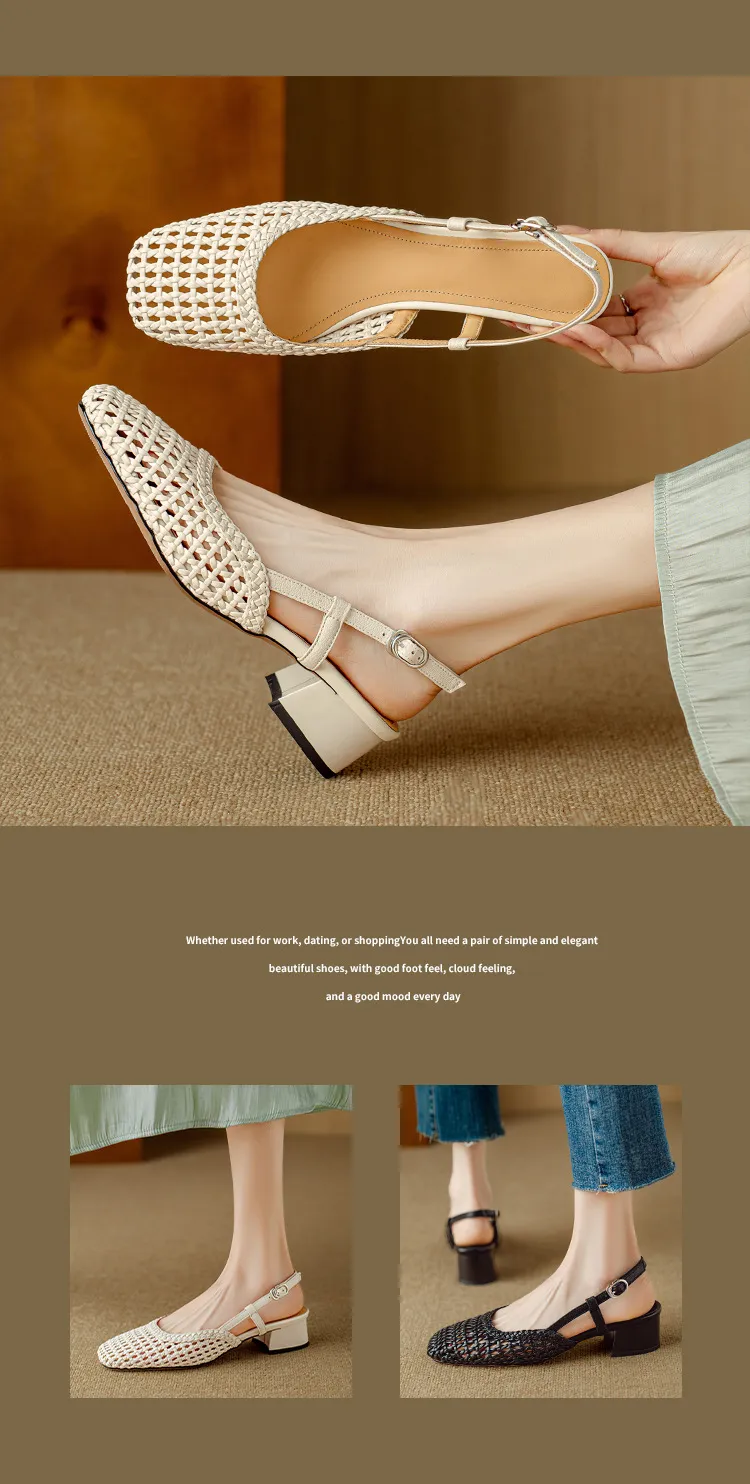 Summer fashionable chunky heel open back woven mesh women's shoes, stylish breathable hollow-out closed toe sandals