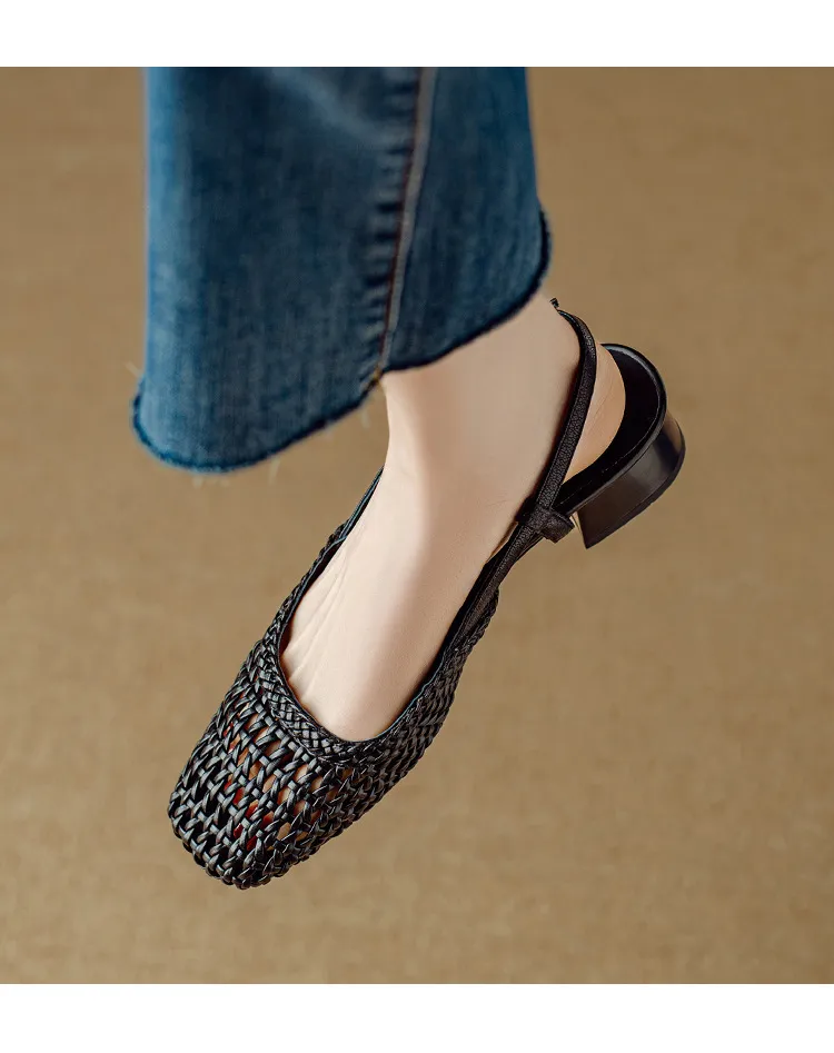 Summer fashionable chunky heel open back woven mesh women's shoes, stylish breathable hollow-out closed toe sandals