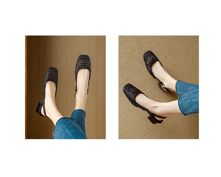Summer fashionable chunky heel open back woven mesh women's shoes, stylish breathable hollow-out closed toe sandals