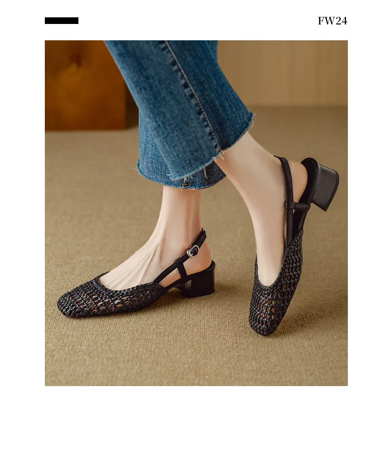 Summer fashionable chunky heel open back woven mesh women's shoes, stylish breathable hollow-out closed toe sandals