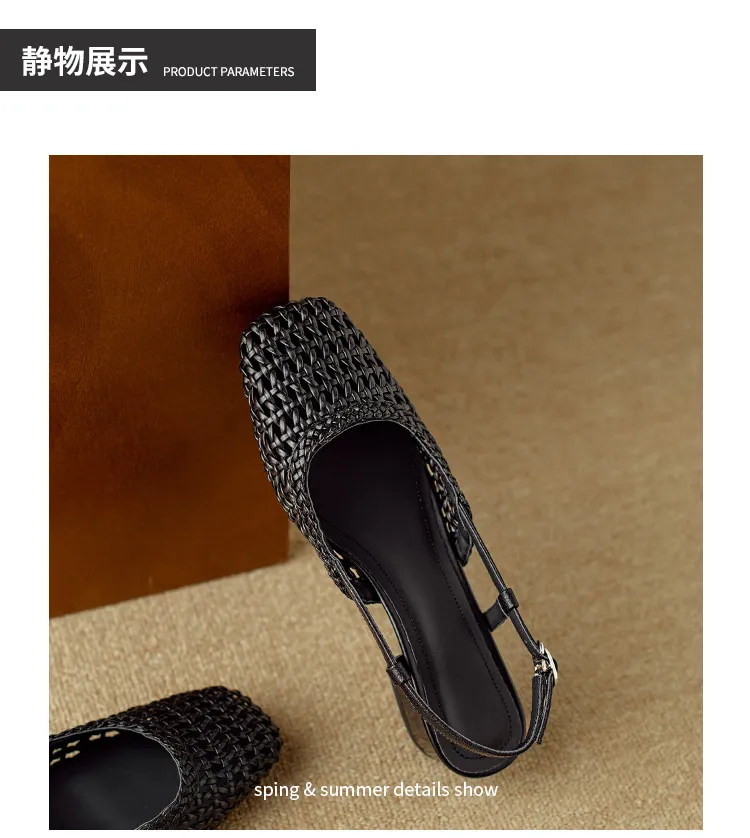 Summer fashionable chunky heel open back woven mesh women's shoes, stylish breathable hollow-out closed toe sandals