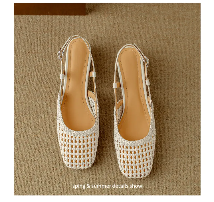 Summer fashionable chunky heel open back woven mesh women's shoes, stylish breathable hollow-out closed toe sandals