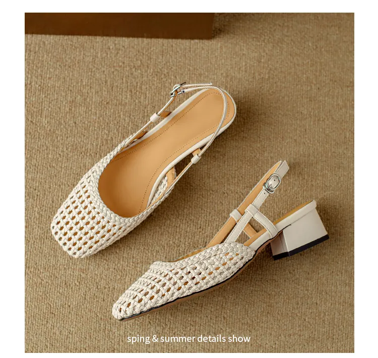 Summer fashionable chunky heel open back woven mesh women's shoes, stylish breathable hollow-out closed toe sandals