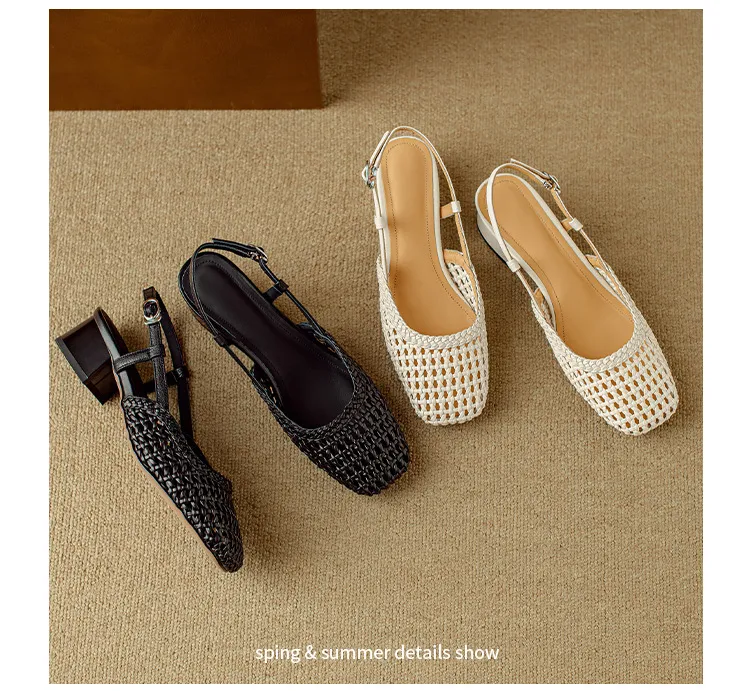 Summer fashionable chunky heel open back woven mesh women's shoes, stylish breathable hollow-out closed toe sandals