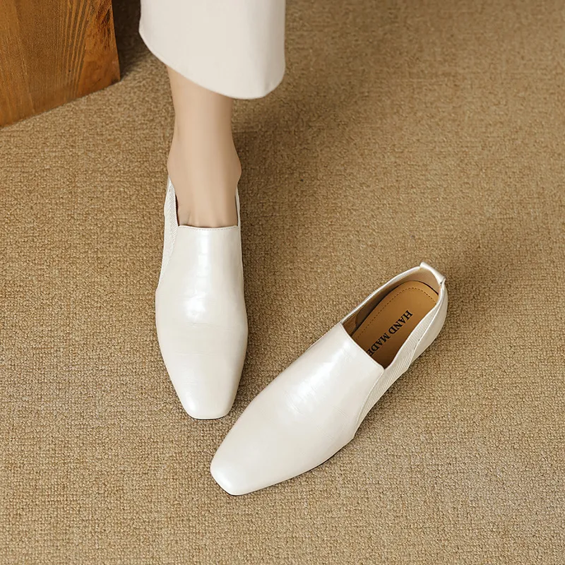 Chunky heel, mid-heel, square toe, slip-on shoes, soft leather, soft sole, wool knit patchwork sheepskin deep-mouth square toe small leather shoes