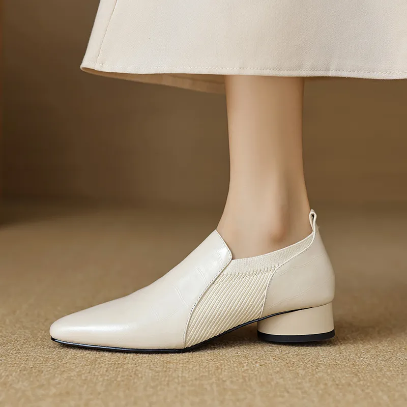 Chunky heel, mid-heel, square toe, slip-on shoes, soft leather, soft sole, wool knit patchwork sheepskin deep-mouth square toe small leather shoes
