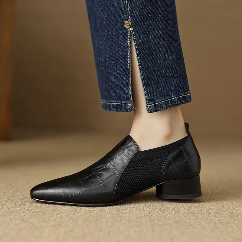 Chunky heel, mid-heel, square toe, slip-on shoes, soft leather, soft sole, wool knit patchwork sheepskin deep-mouth square toe small leather shoes