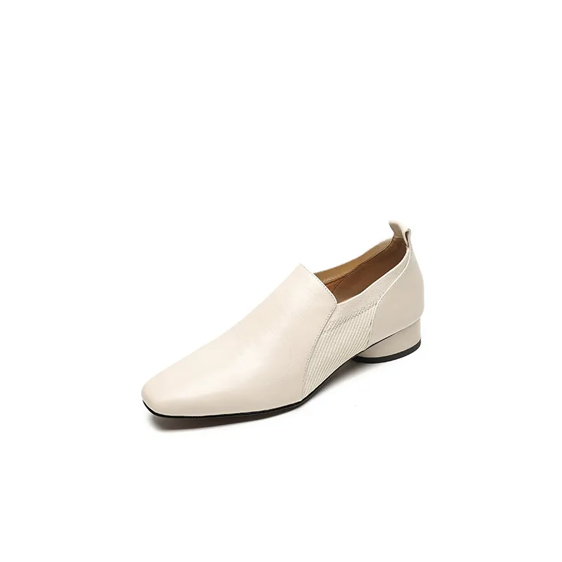 Chunky heel, mid-heel, square toe, slip-on shoes, soft leather, soft sole, wool knit patchwork sheepskin deep-mouth square toe small leather shoes