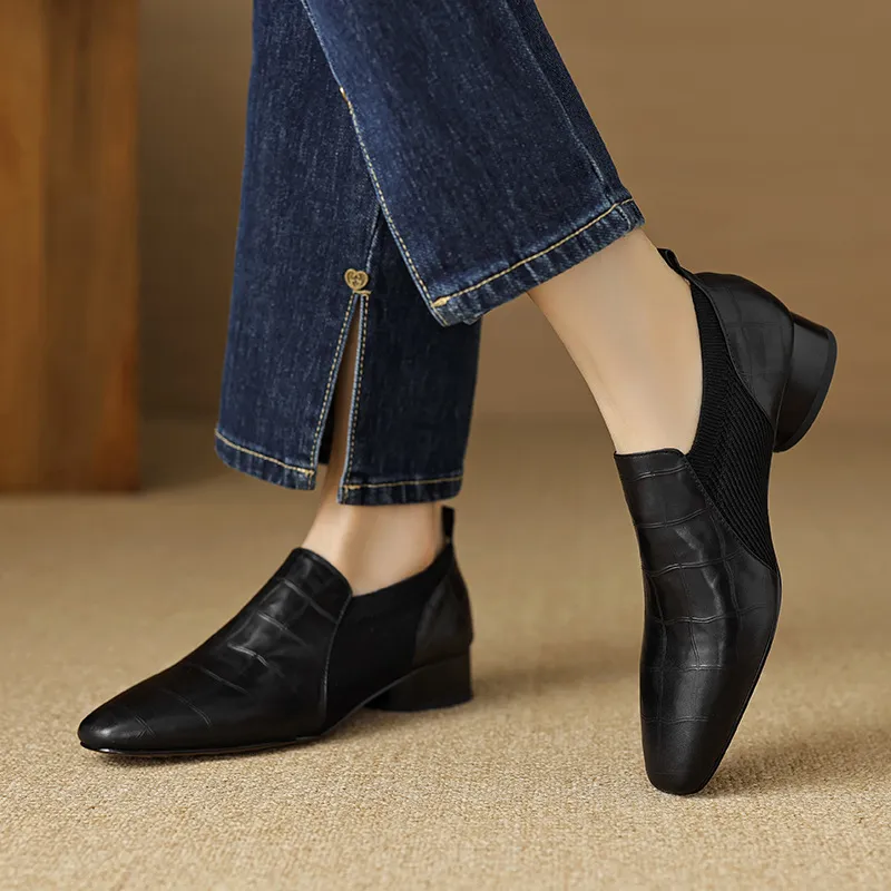 Chunky heel, mid-heel, square toe, slip-on shoes, soft leather, soft sole, wool knit patchwork sheepskin deep-mouth square toe small leather shoes