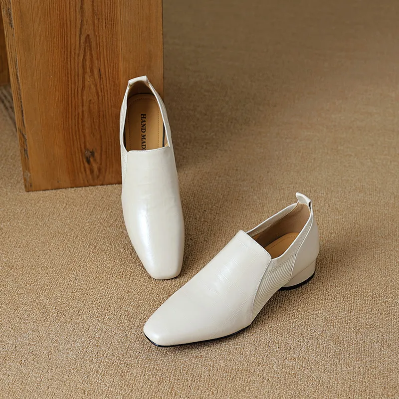 Chunky heel, mid-heel, square toe, slip-on shoes, soft leather, soft sole, wool knit patchwork sheepskin deep-mouth square toe small leather shoes