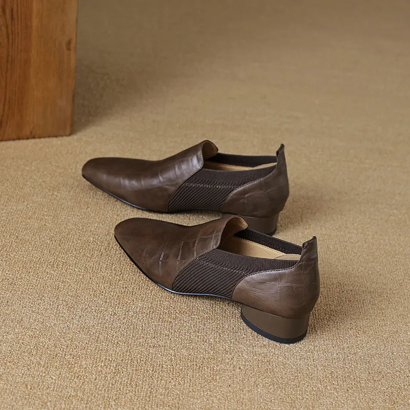 Chunky heel, mid-heel, square toe, slip-on shoes, soft leather, soft sole, wool knit patchwork sheepskin deep-mouth square toe small leather shoes