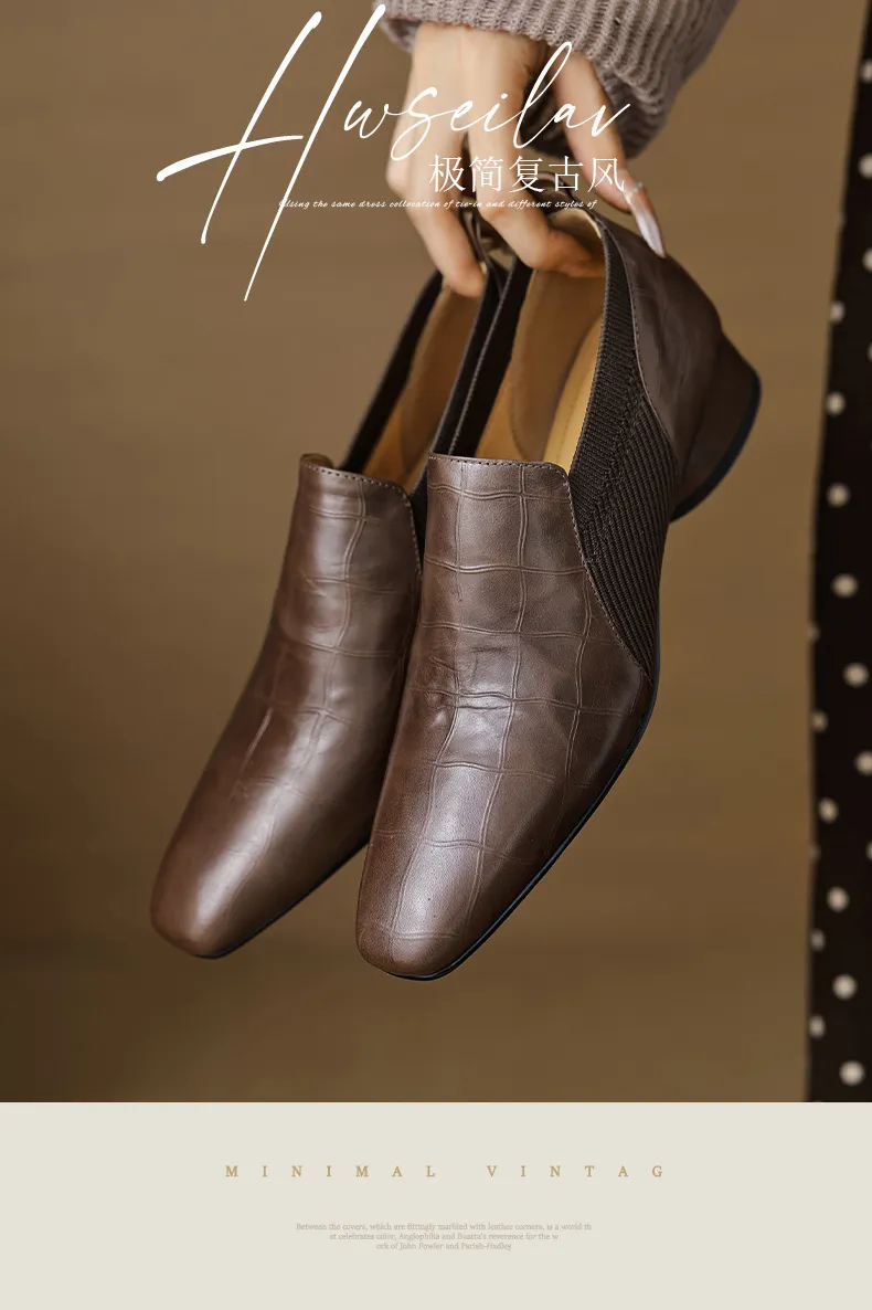 Chunky heel, mid-heel, square toe, slip-on shoes, soft leather, soft sole, wool knit patchwork sheepskin deep-mouth square toe small leather shoes