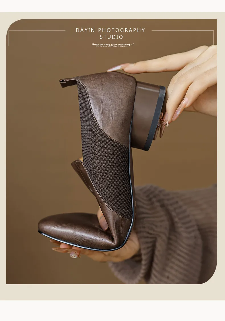 Chunky heel, mid-heel, square toe, slip-on shoes, soft leather, soft sole, wool knit patchwork sheepskin deep-mouth square toe small leather shoes