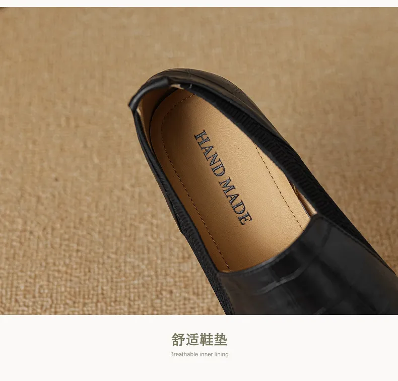 Chunky heel, mid-heel, square toe, slip-on shoes, soft leather, soft sole, wool knit patchwork sheepskin deep-mouth square toe small leather shoes