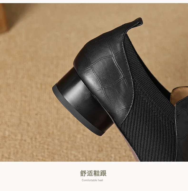 Chunky heel, mid-heel, square toe, slip-on shoes, soft leather, soft sole, wool knit patchwork sheepskin deep-mouth square toe small leather shoes
