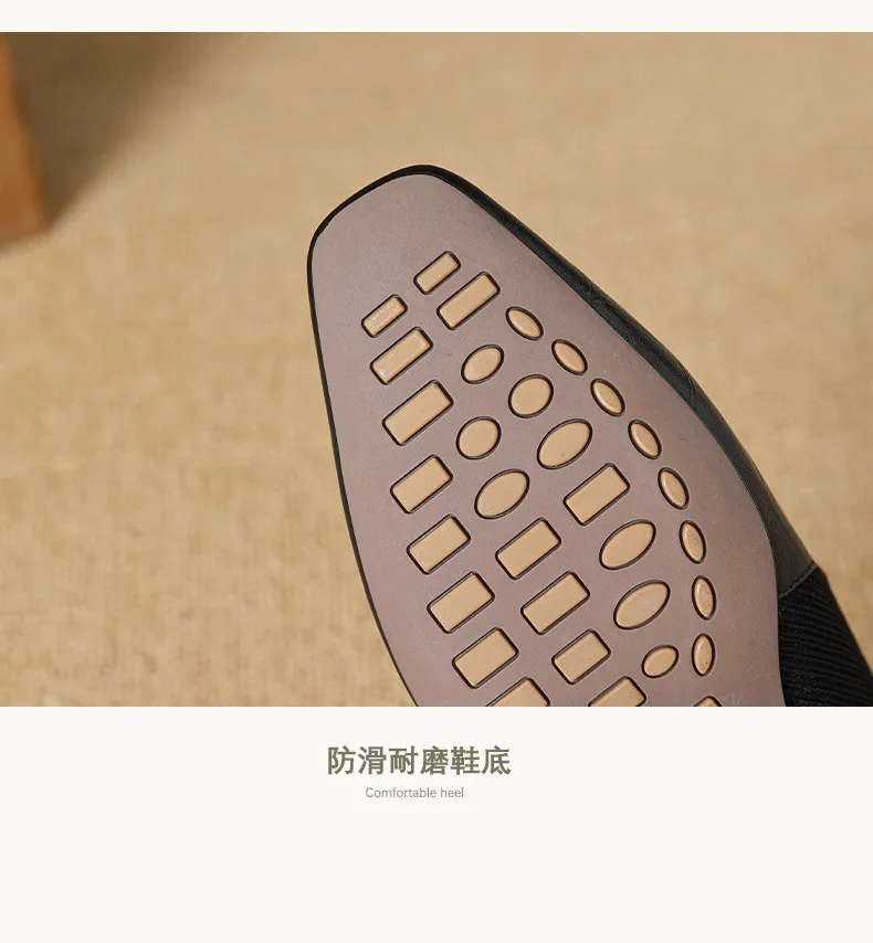 Chunky heel, mid-heel, square toe, slip-on shoes, soft leather, soft sole, wool knit patchwork sheepskin deep-mouth square toe small leather shoes