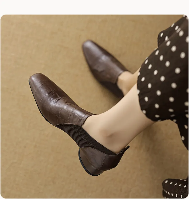 Chunky heel, mid-heel, square toe, slip-on shoes, soft leather, soft sole, wool knit patchwork sheepskin deep-mouth square toe small leather shoes