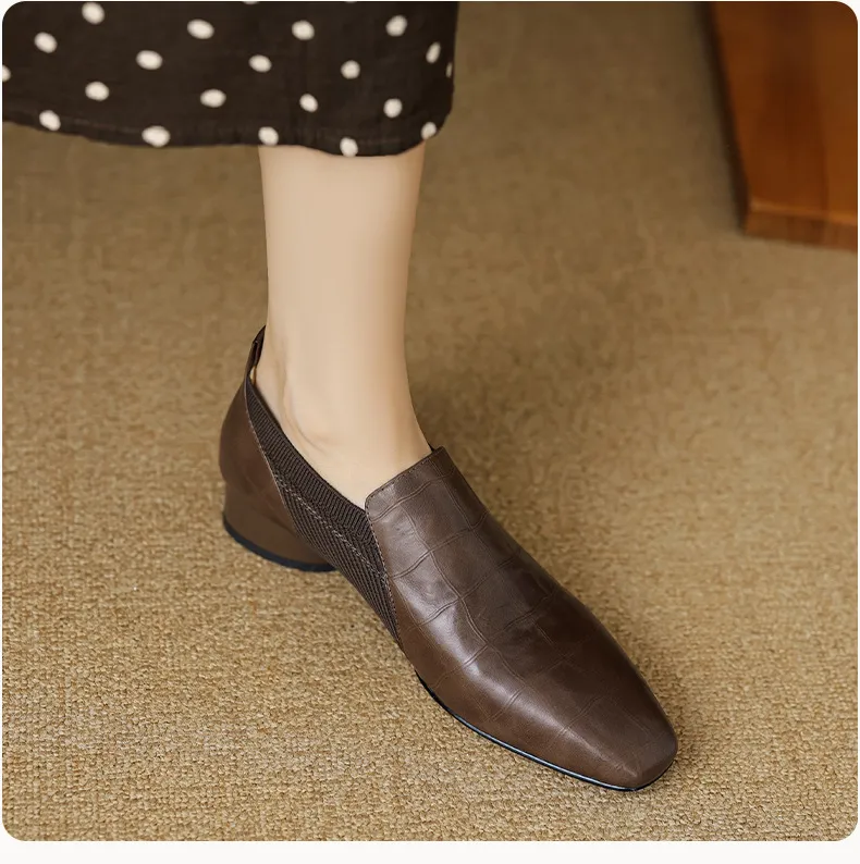 Chunky heel, mid-heel, square toe, slip-on shoes, soft leather, soft sole, wool knit patchwork sheepskin deep-mouth square toe small leather shoes