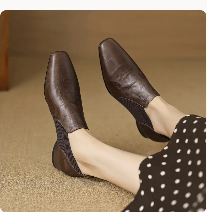 Chunky heel, mid-heel, square toe, slip-on shoes, soft leather, soft sole, wool knit patchwork sheepskin deep-mouth square toe small leather shoes