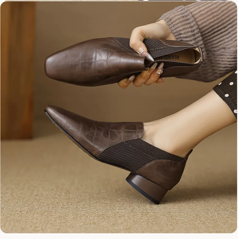 Chunky heel, mid-heel, square toe, slip-on shoes, soft leather, soft sole, wool knit patchwork sheepskin deep-mouth square toe small leather shoes