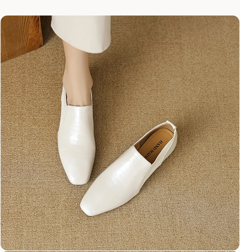 Chunky heel, mid-heel, square toe, slip-on shoes, soft leather, soft sole, wool knit patchwork sheepskin deep-mouth square toe small leather shoes