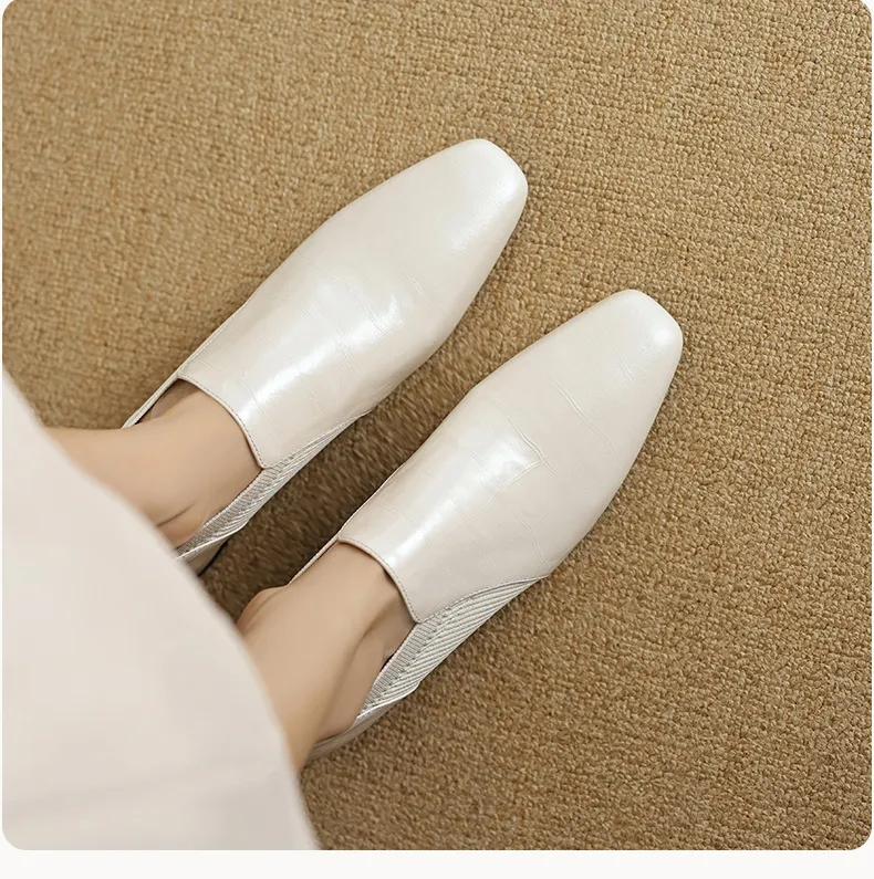 Chunky heel, mid-heel, square toe, slip-on shoes, soft leather, soft sole, wool knit patchwork sheepskin deep-mouth square toe small leather shoes