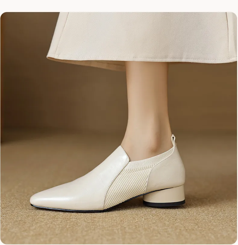 Chunky heel, mid-heel, square toe, slip-on shoes, soft leather, soft sole, wool knit patchwork sheepskin deep-mouth square toe small leather shoes