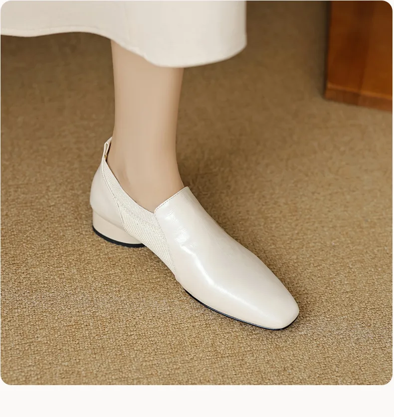 Chunky heel, mid-heel, square toe, slip-on shoes, soft leather, soft sole, wool knit patchwork sheepskin deep-mouth square toe small leather shoes