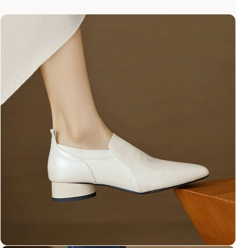 Chunky heel, mid-heel, square toe, slip-on shoes, soft leather, soft sole, wool knit patchwork sheepskin deep-mouth square toe small leather shoes