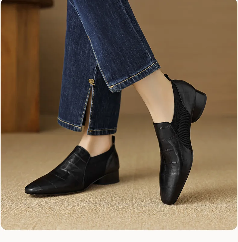 Chunky heel, mid-heel, square toe, slip-on shoes, soft leather, soft sole, wool knit patchwork sheepskin deep-mouth square toe small leather shoes