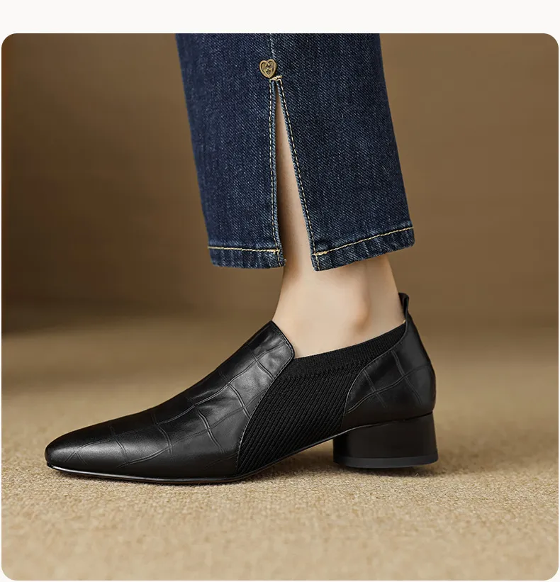Chunky heel, mid-heel, square toe, slip-on shoes, soft leather, soft sole, wool knit patchwork sheepskin deep-mouth square toe small leather shoes