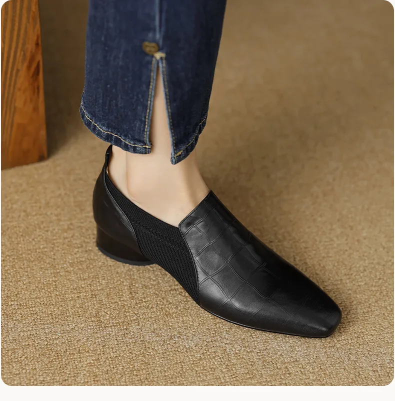 Chunky heel, mid-heel, square toe, slip-on shoes, soft leather, soft sole, wool knit patchwork sheepskin deep-mouth square toe small leather shoes