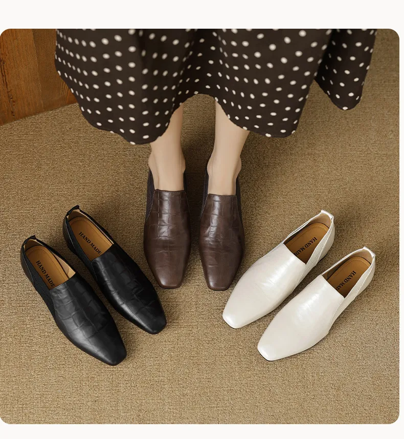 Chunky heel, mid-heel, square toe, slip-on shoes, soft leather, soft sole, wool knit patchwork sheepskin deep-mouth square toe small leather shoes