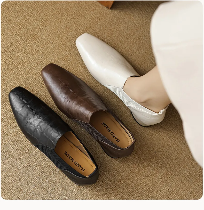 Chunky heel, mid-heel, square toe, slip-on shoes, soft leather, soft sole, wool knit patchwork sheepskin deep-mouth square toe small leather shoes