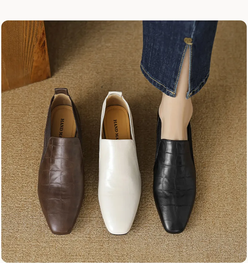 Chunky heel, mid-heel, square toe, slip-on shoes, soft leather, soft sole, wool knit patchwork sheepskin deep-mouth square toe small leather shoes