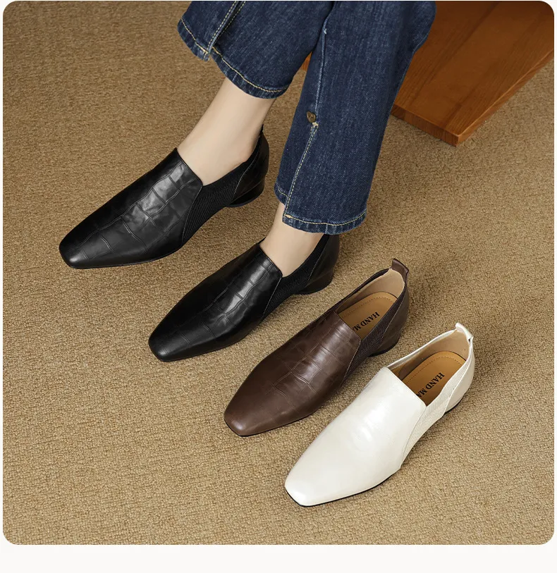 Chunky heel, mid-heel, square toe, slip-on shoes, soft leather, soft sole, wool knit patchwork sheepskin deep-mouth square toe small leather shoes