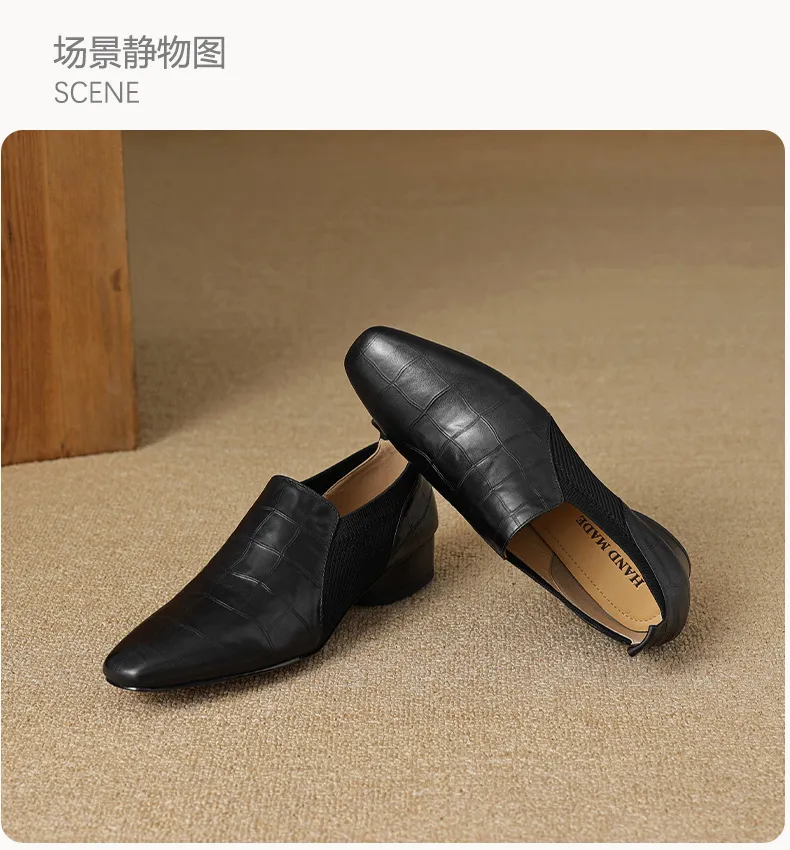 Chunky heel, mid-heel, square toe, slip-on shoes, soft leather, soft sole, wool knit patchwork sheepskin deep-mouth square toe small leather shoes