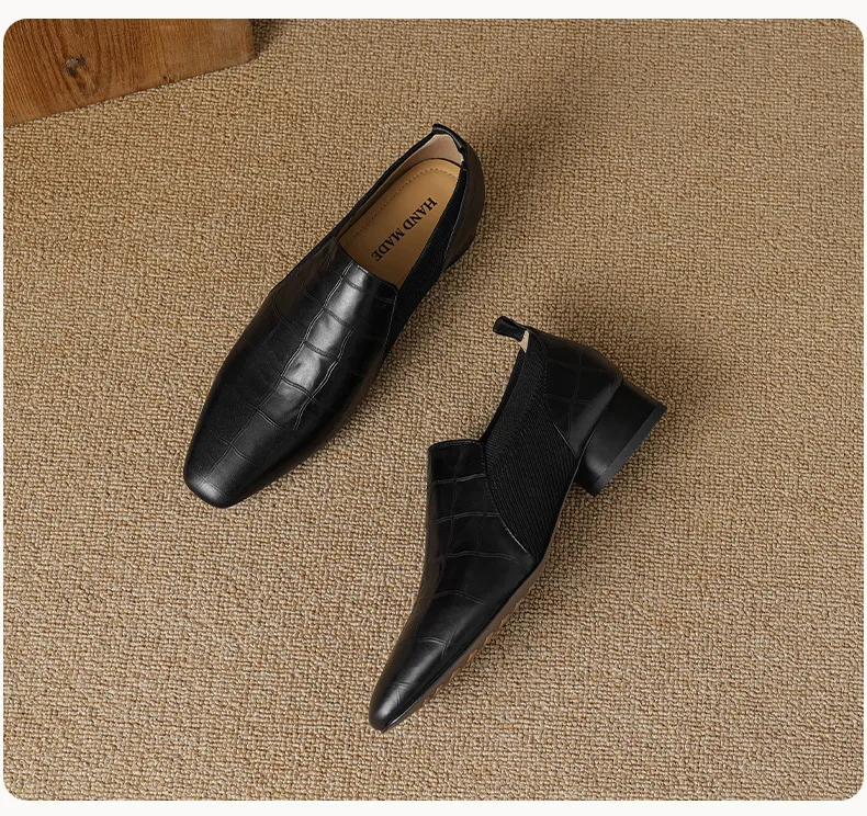 Chunky heel, mid-heel, square toe, slip-on shoes, soft leather, soft sole, wool knit patchwork sheepskin deep-mouth square toe small leather shoes