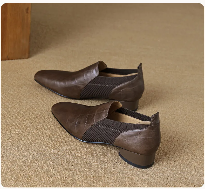 Chunky heel, mid-heel, square toe, slip-on shoes, soft leather, soft sole, wool knit patchwork sheepskin deep-mouth square toe small leather shoes