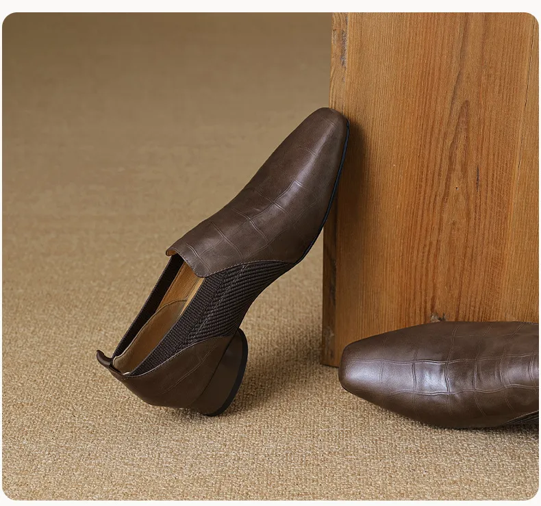 Chunky heel, mid-heel, square toe, slip-on shoes, soft leather, soft sole, wool knit patchwork sheepskin deep-mouth square toe small leather shoes