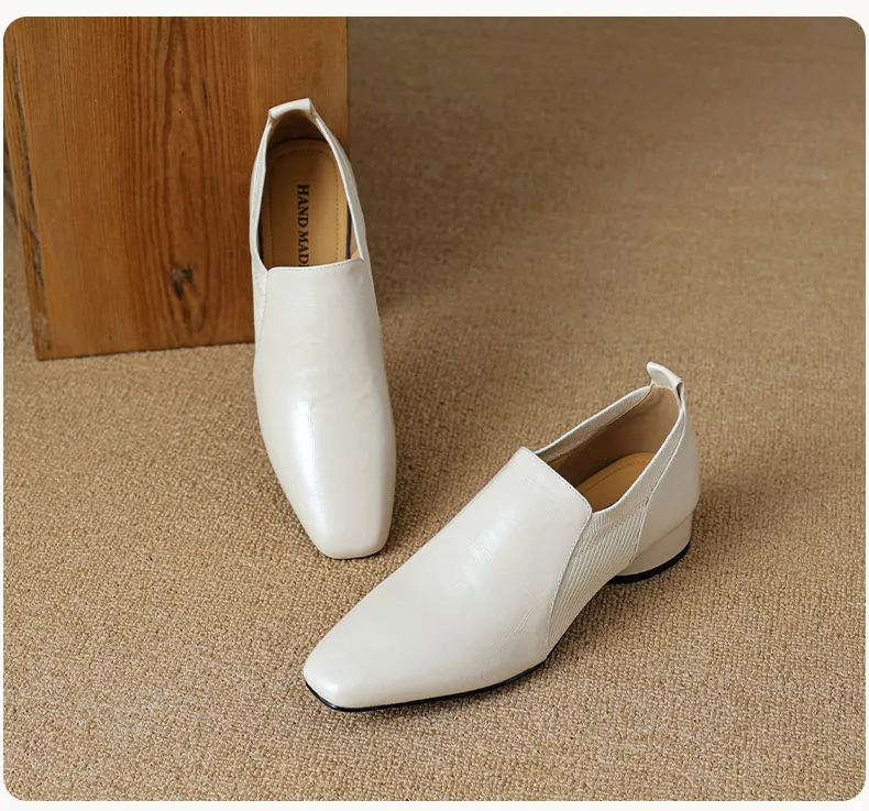 Chunky heel, mid-heel, square toe, slip-on shoes, soft leather, soft sole, wool knit patchwork sheepskin deep-mouth square toe small leather shoes