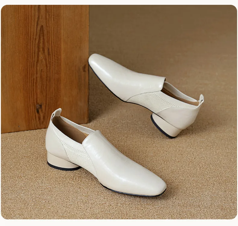 Chunky heel, mid-heel, square toe, slip-on shoes, soft leather, soft sole, wool knit patchwork sheepskin deep-mouth square toe small leather shoes