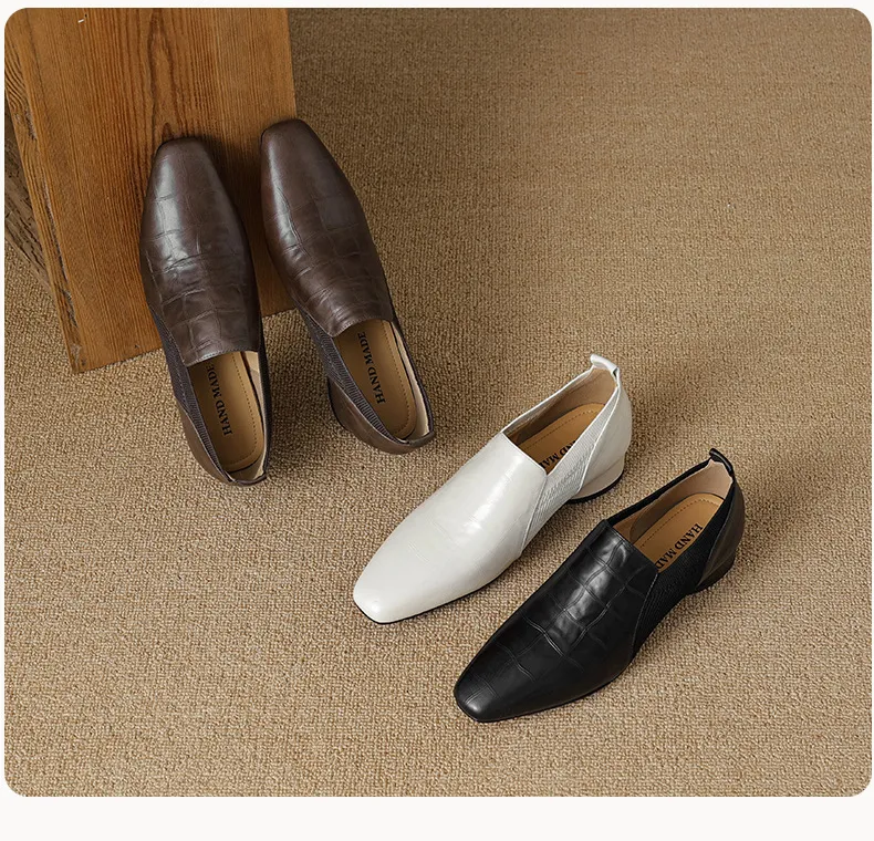 Chunky heel, mid-heel, square toe, slip-on shoes, soft leather, soft sole, wool knit patchwork sheepskin deep-mouth square toe small leather shoes