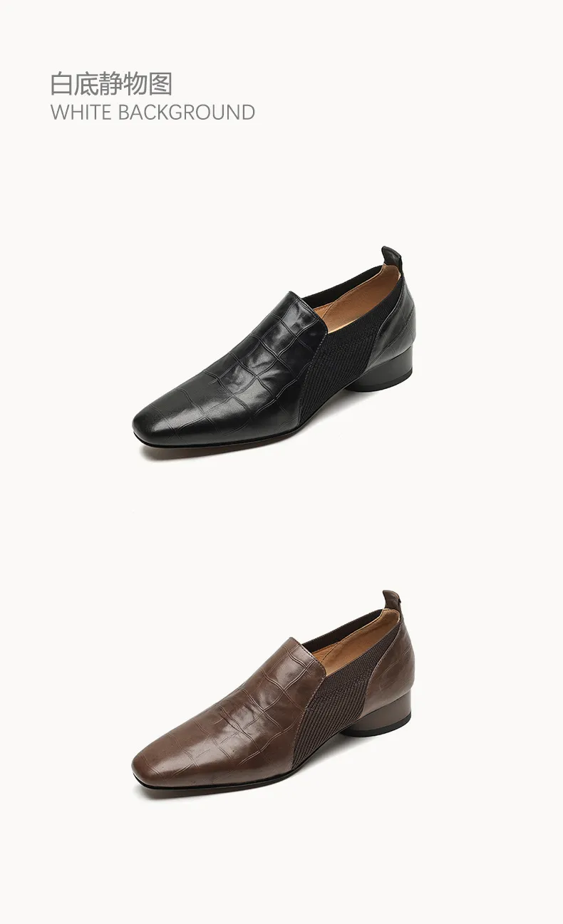 Chunky heel, mid-heel, square toe, slip-on shoes, soft leather, soft sole, wool knit patchwork sheepskin deep-mouth square toe small leather shoes