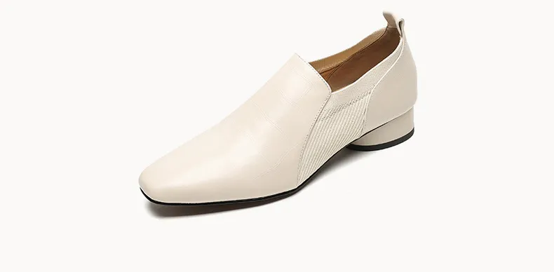 Chunky heel, mid-heel, square toe, slip-on shoes, soft leather, soft sole, wool knit patchwork sheepskin deep-mouth square toe small leather shoes