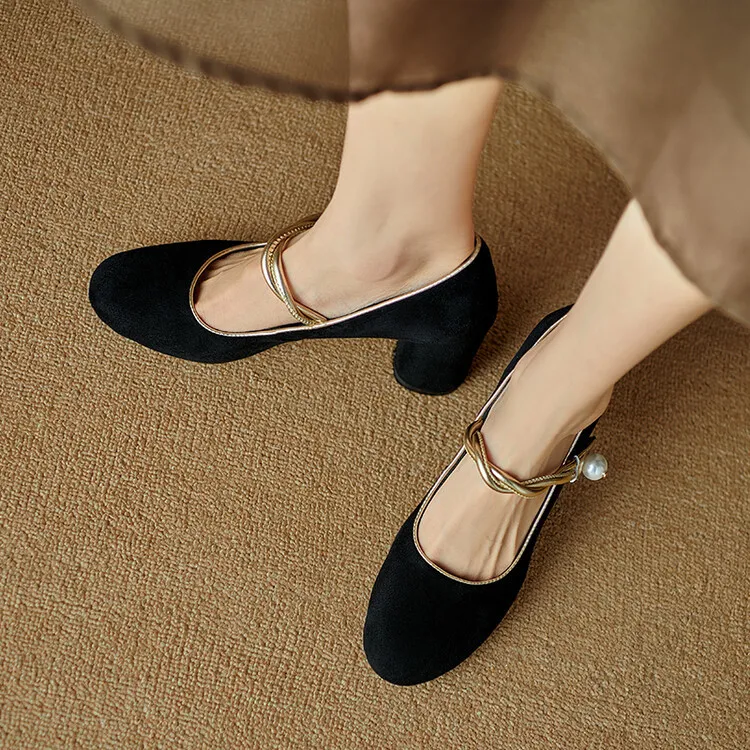 Women's black high-heeled Mary Jane shoes with a round toe, chunky heel, and solid color/color-blocked lambskin. (8-9f)