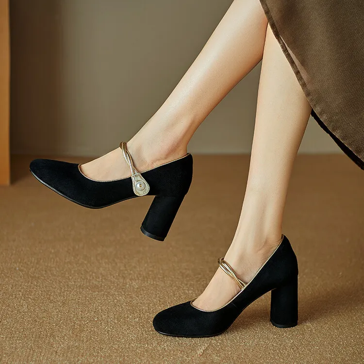Women's black high-heeled Mary Jane shoes with a round toe, chunky heel, and solid color/color-blocked lambskin. (8-9f)