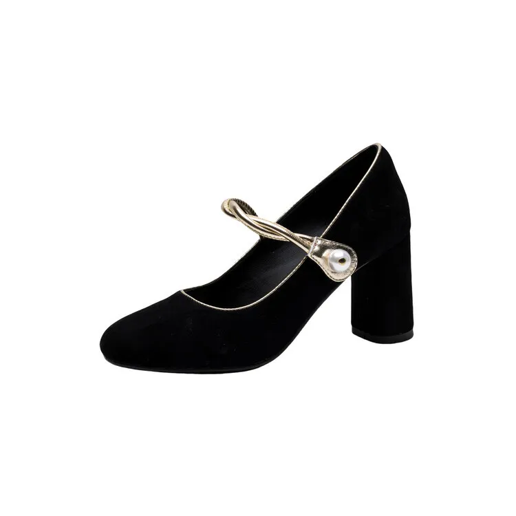 Women's black high-heeled Mary Jane shoes with a round toe, chunky heel, and solid color/color-blocked lambskin. (8-9f)