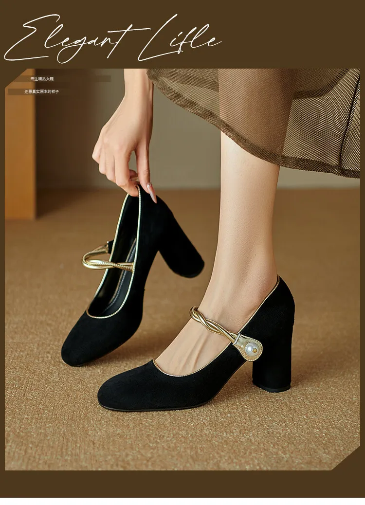 Women's black high-heeled Mary Jane shoes with a round toe, chunky heel, and solid color/color-blocked lambskin. (8-9f)